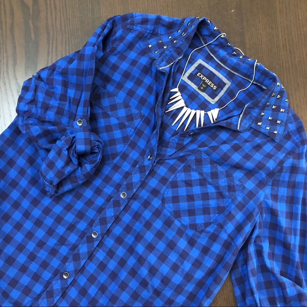 Express blue plaid studded collar button up shirt